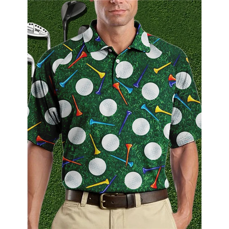 Men's Fully Printed Lapel Button Golf Shirt Casual Breathable Loose Quick Drying T-shirt