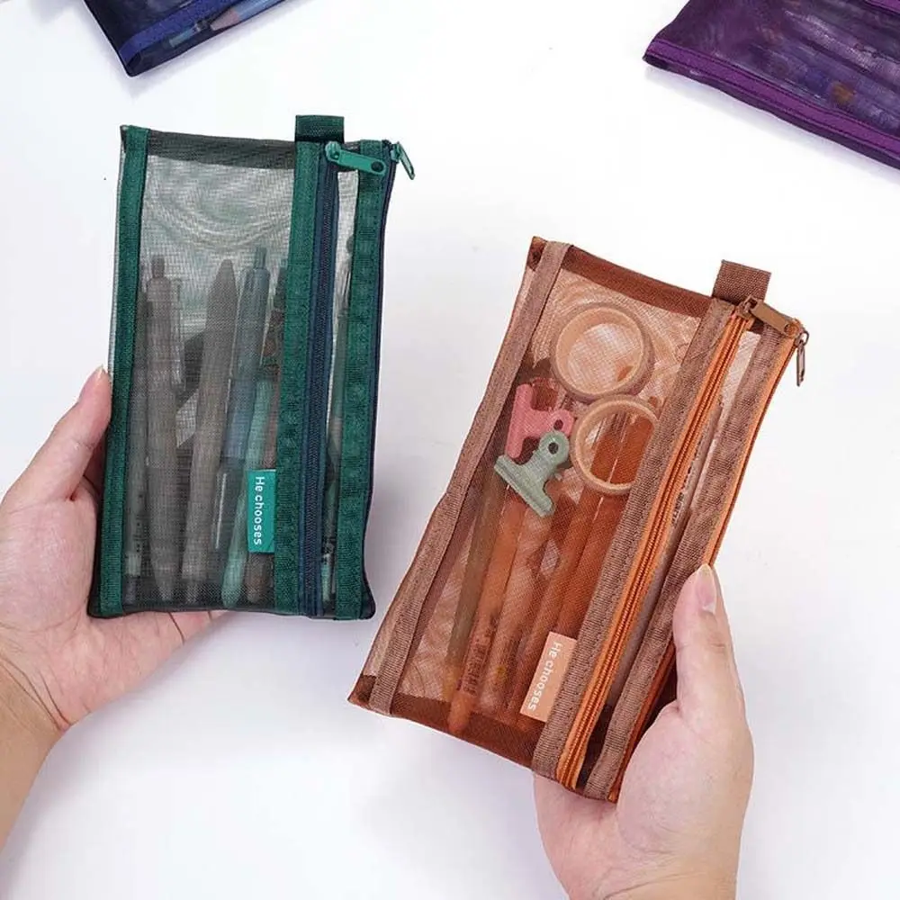 Hollow Clear Mesh Makeup Bag Solid Color Cosmetic Lipstick Bag Transparent Pencile Bag Data Cable Storage Bag Large Capacity