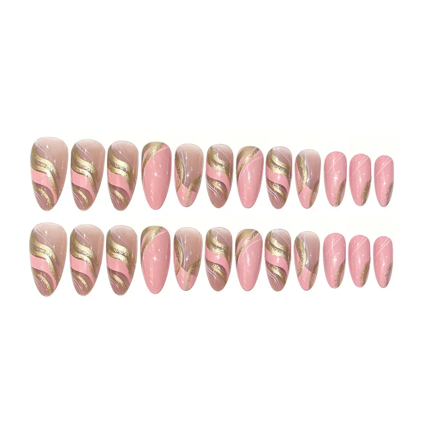 Press on Nails Pink Barbie Corrugated Long Almond Acrylic Nail Glitter Wearable Nail Stickers with Free Glue for Women,24pcs