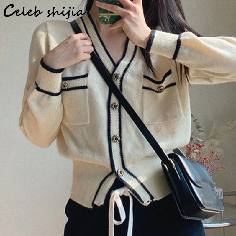 SHIJIA White Woolen Cardigan Women Chic Autumn Winter Long Sleeve Knit Coat Female Single Breasted Elegant Business Sweater