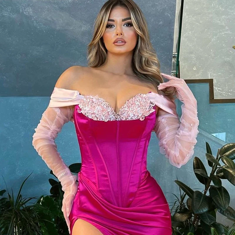 Off Shoulder Lace Satin Evening Dresses Hot Pink Sexy High Split Fish Bone Beaded Mermaid Formal Party Prom Gowns Custom Made