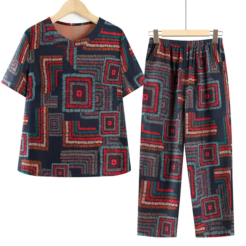 

Fdfklak Ethnic Style Grandma Outifits Middle-Aged Elderly Mothers Two Piece Sets Women Short-Sleeved T-Shirt Pant Suit XL-8XL