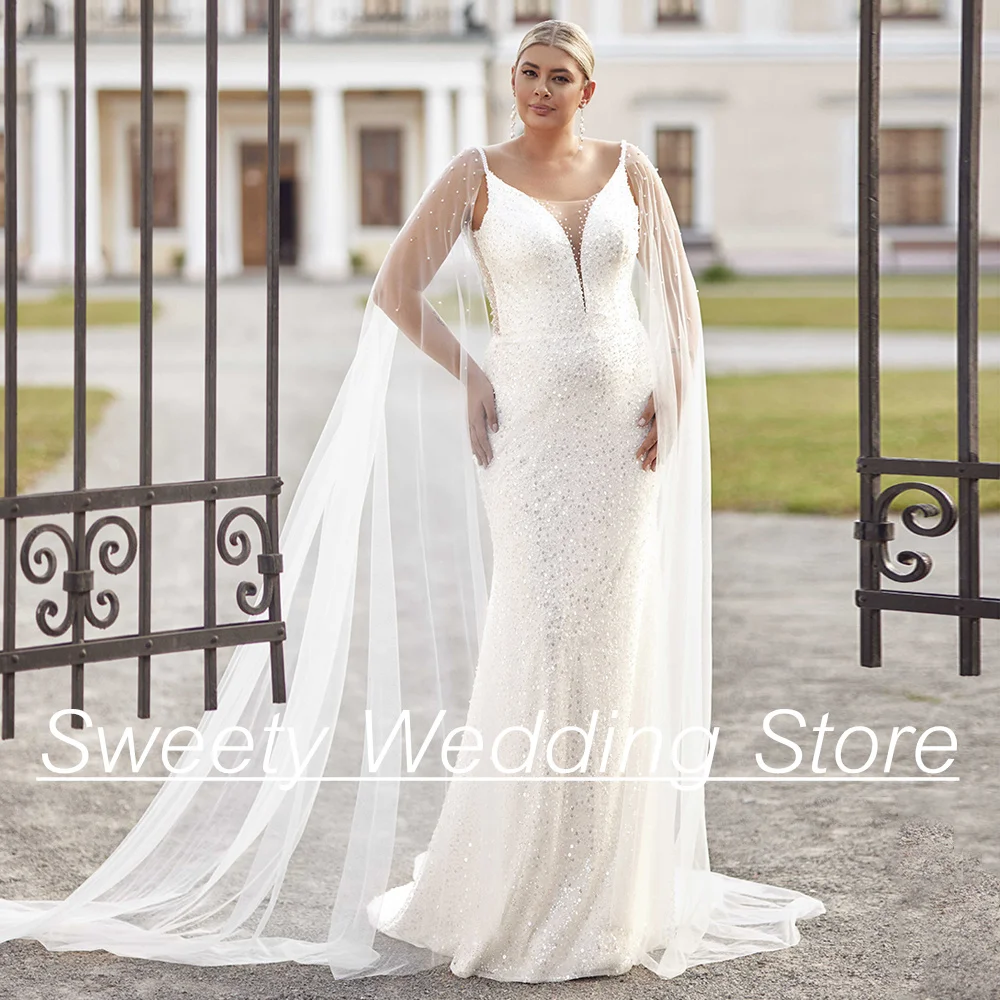 Plus Size Wedding Dresses for Woman with Tull Cape Spaghetti Straps V Neck Abiti Da Sposa Sparkling Mermaid Bridal Gowns