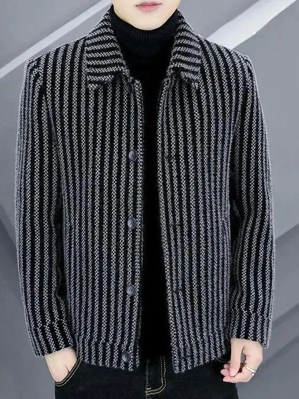 

Autumn Winter Men's Fce Lined Woolen Casual Jaet Collared Coat Warm Thien Stripe Fabric Stand Fit Faion Urban Sle