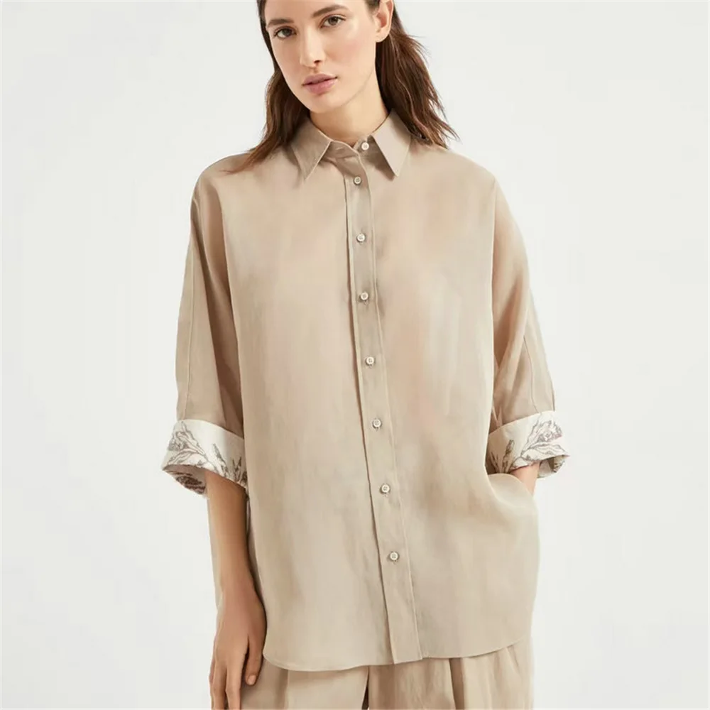 

Summer Women's Thin Embroidered Loose Blouse Cotton Medium Sleeve Female Shirt