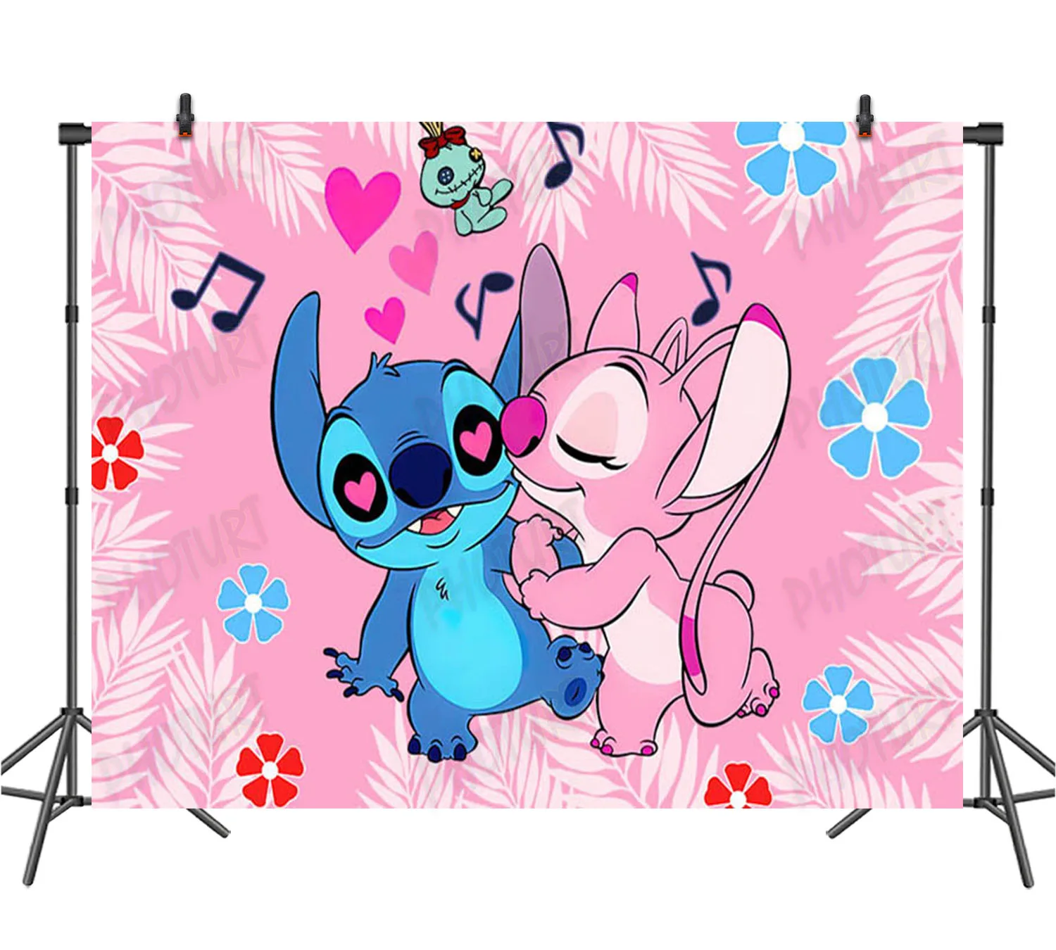 Disney Lilo and Stitch Backdrop Kids Birthday Decoration Background Pink Doll Bunting Vinyl Polyester Photography Decor Props