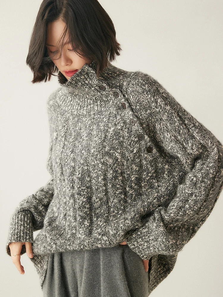 TLOML Chic Women 100% Cashmere Lazy Sweater Vintage Loose Cable Knit Pullover Buttons Turn Down Collar Sweater Autumn Winter Top