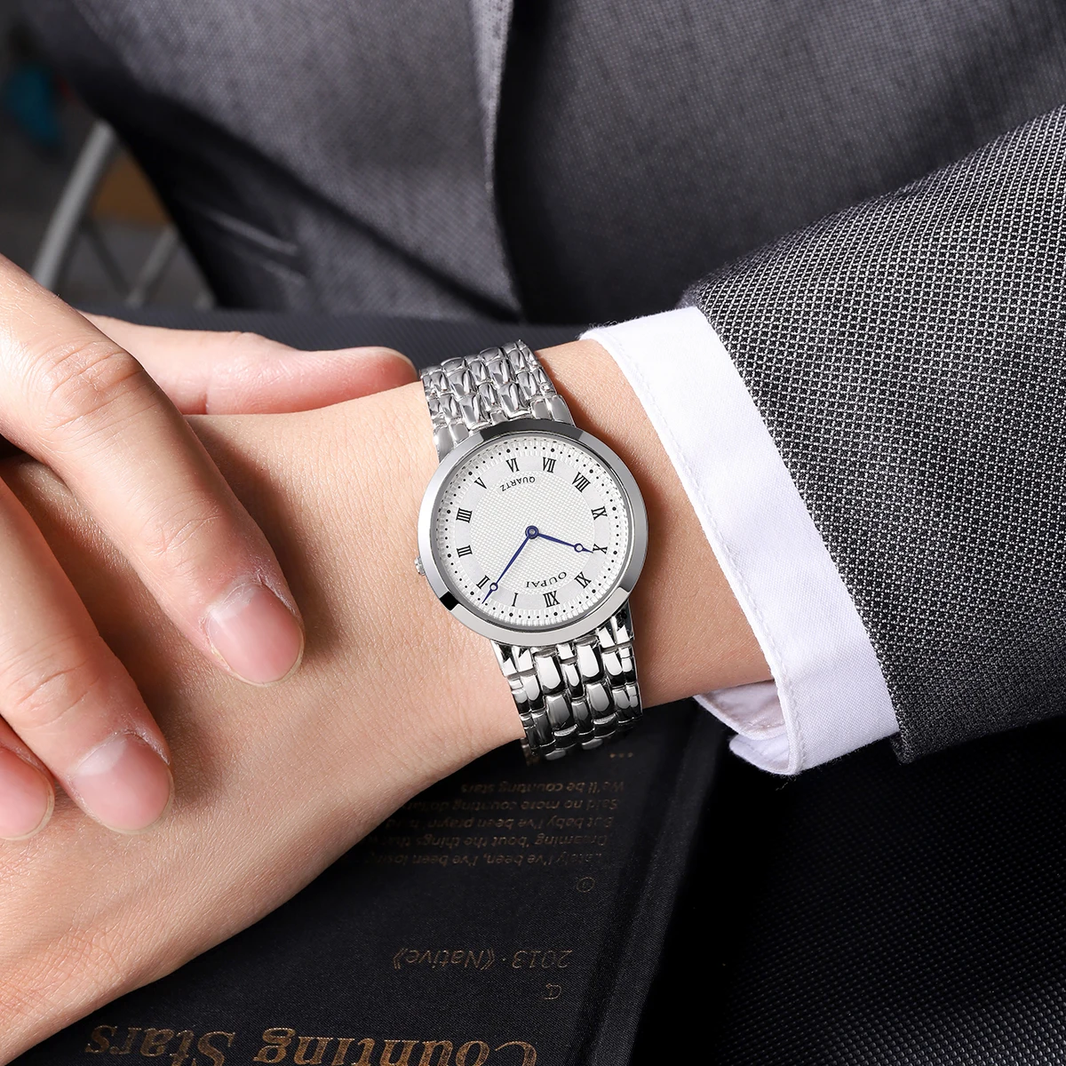 Мужские часы Oupai, серебристые, круглые, тонкие, толщиной 7 мм, циферблат, ремешок из нержавеющей стали, кварцевый механизм, повседневная классика