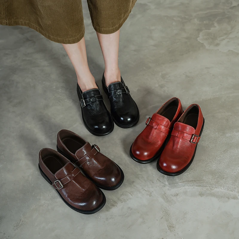 2026 new spring autumn women pumps natural leather 22-25 cm washed cowhide+sheepskin+pigskin round toe women shoes Retro loafers