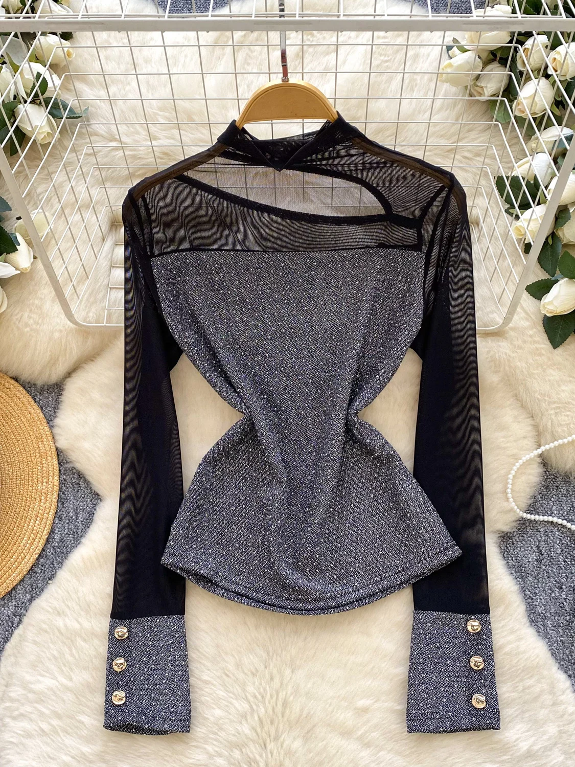 تي شيرت Ele بتصميم مجوف عالي Ne Long Sve Me تي شيرت نسائي بطبقة أساسية ملابس يومية كورية Sle بقصة ضيقة #4