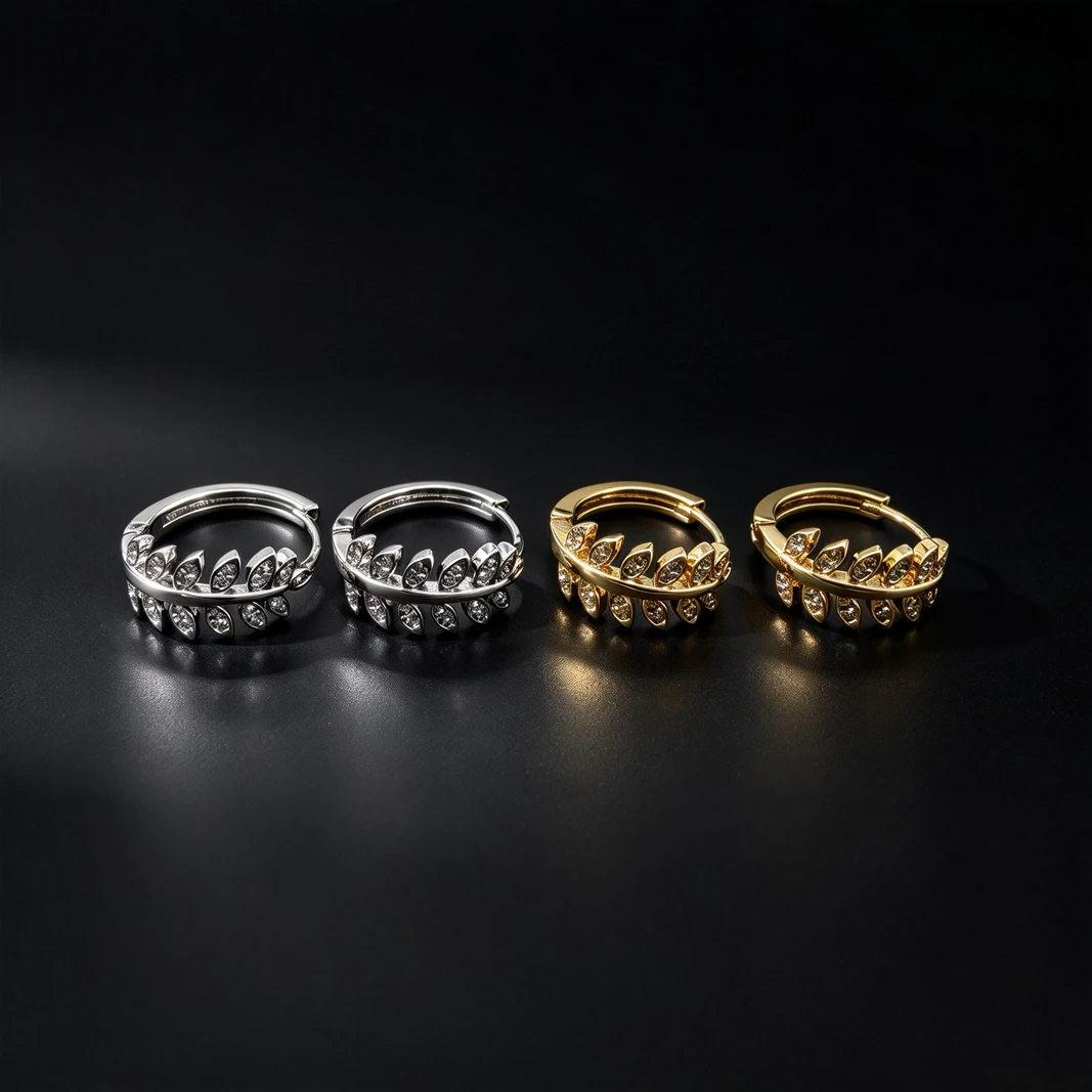 Whimsical Gold Silver Plated Huggie Earrings, Leaf Shape Pave Clear Zircon, Unique Jewelry, for Party Dating & Daily Casual Wear