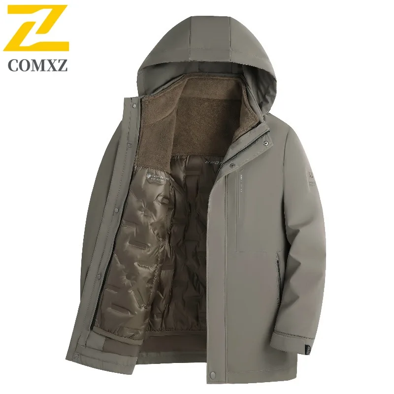 

COMXZ 2025 Winter Men Thick Coat Mid Age Down Fashion Windproof Detachable Hood Fashion Thermal 90% White Duck Down Down Jacket
