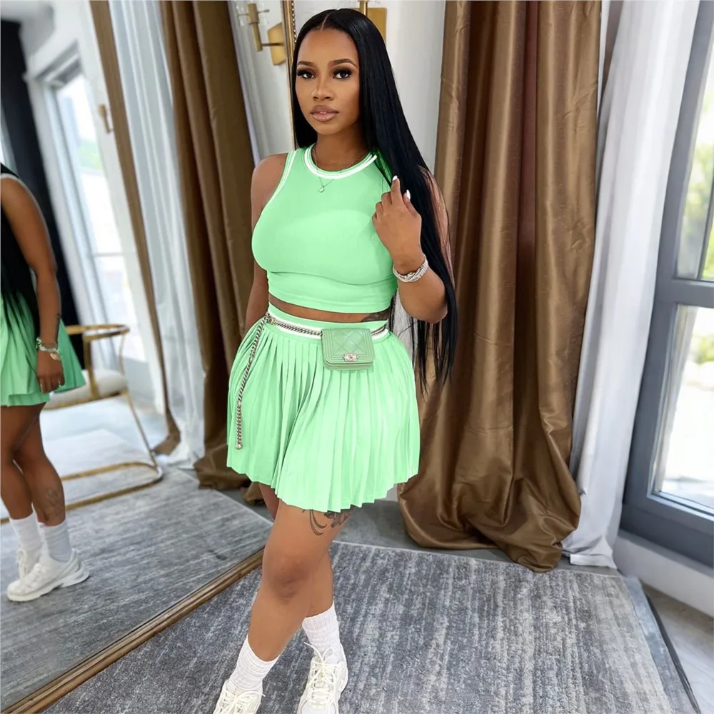 

Sexy Ultra-short T-shirt Vest + Pleated Skirt 2 Piece Fashion Patchwork Striped Skirt Women's Sports Baseball Jacket Skirt Suit
