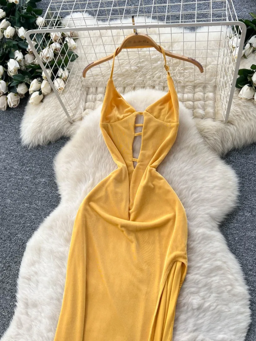 Foamlina Pure Desire Hot Girl Cutout Halter Strap Dress Women 2025 Summer European Design Bodycon High Split Slit Maxi Dress