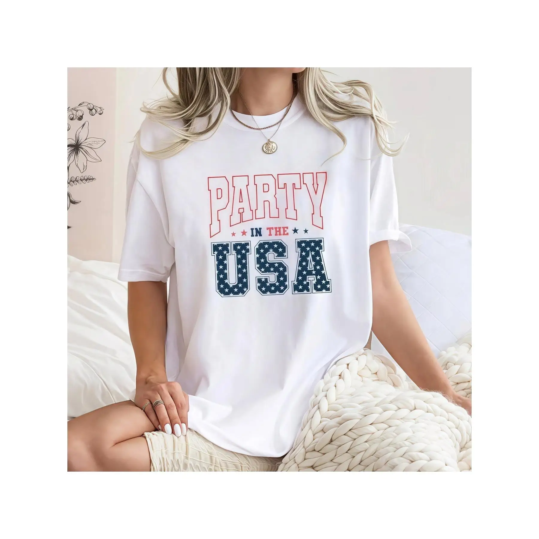 

Women's Party in the USA T-shirt Patriotic American Flag Graphic Tee 4th of July Top