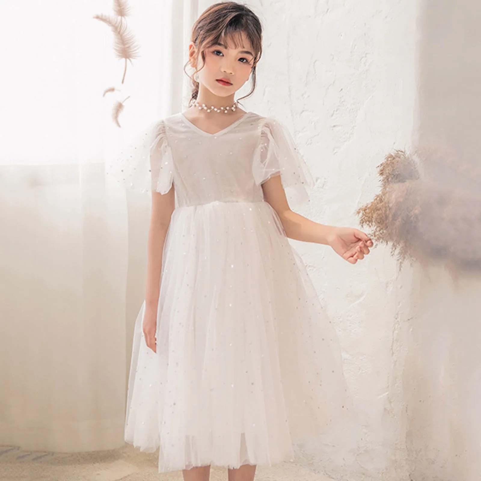 Kids Girls Tulle Princess Dresses Elegant Long Style Star Prints Casual Summer Party Dress Children Birthday Party Costume 2-14Y