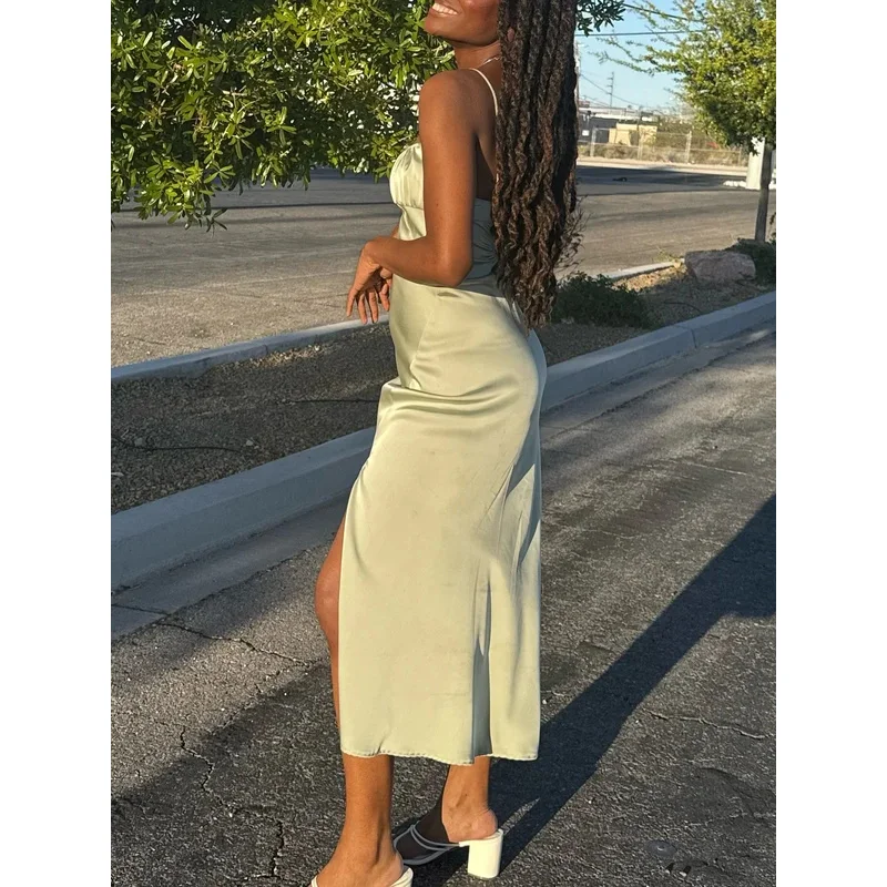 

Elegant Satin Wrap Midi Dress for Women with Slit And Spaghetti Straps Beach Resort Style Lingerie-Inspired Temperament Women's