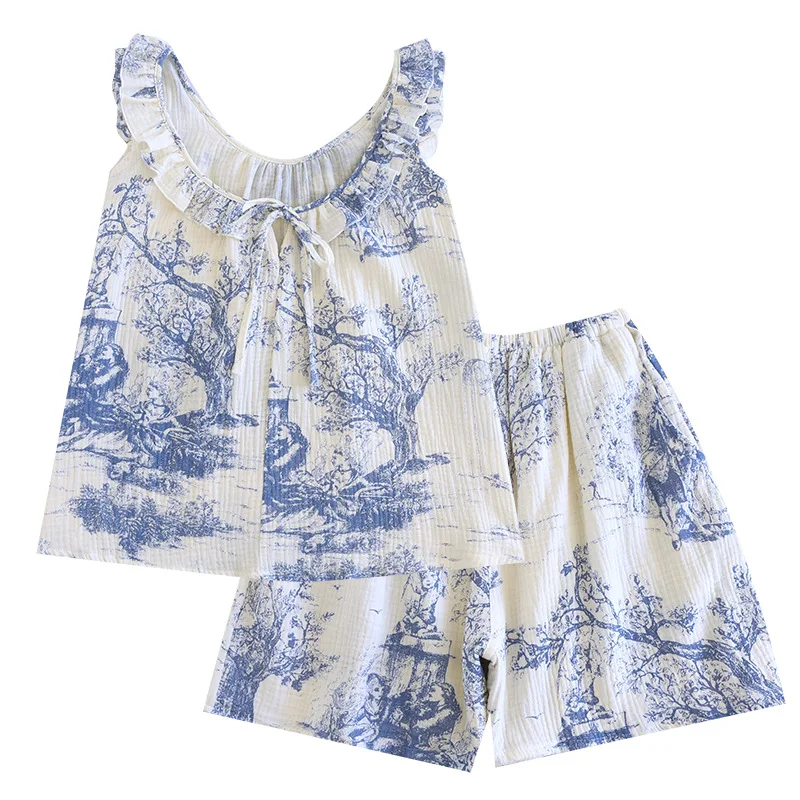 Women's Cotton Gauze Pajama Set Sweet Girls Printing Sleeveless Top & Shorts Homewear New Summer Thin Loose Fit Loungewear