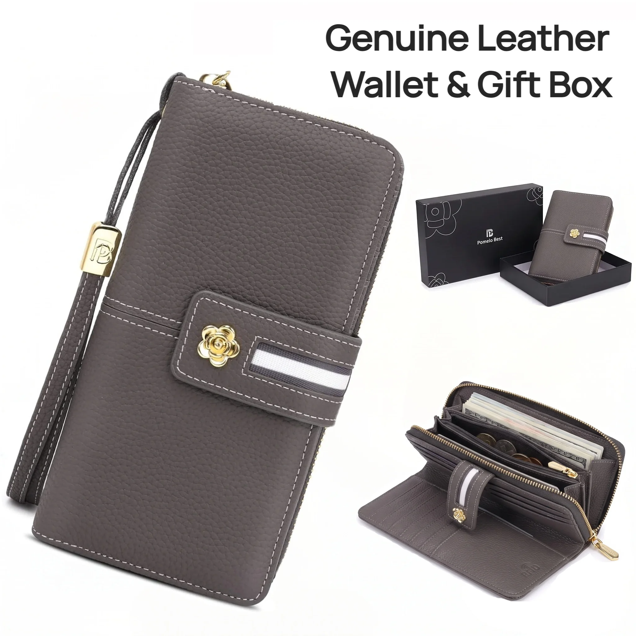 Portefeuille en cuir véritable pour femme Pomelo Best, avec blocage RFID, grande capacité, rose gris, sac à main moderne, cadeau idéal avec boîte cadeau