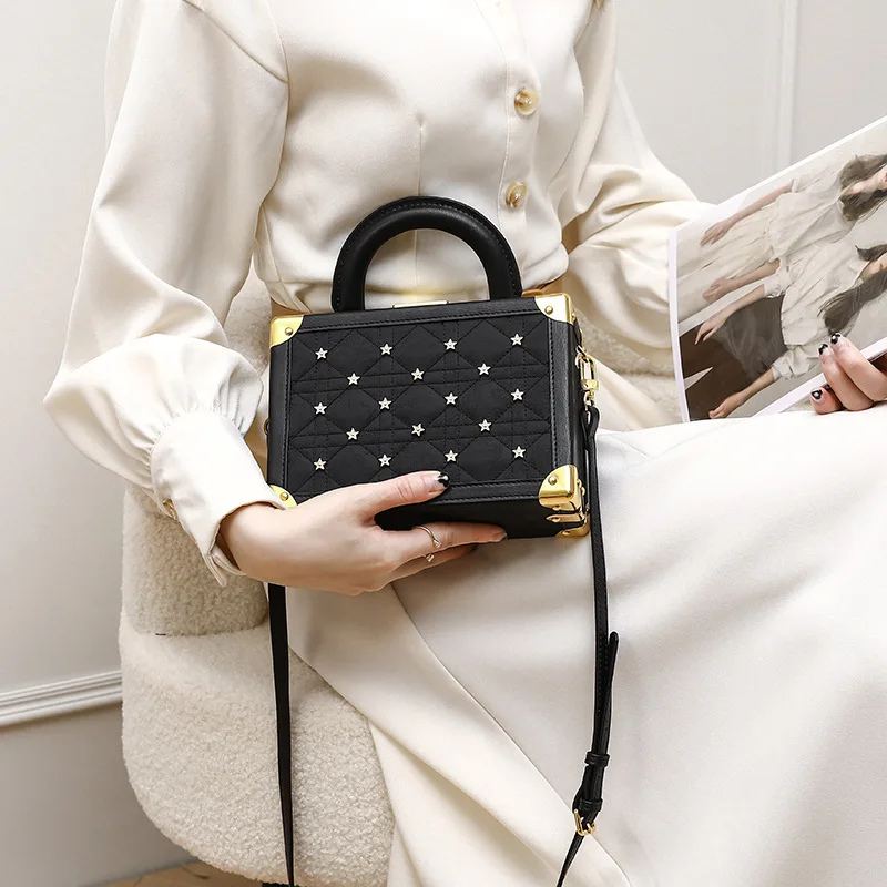 Women Handbag Shoulder Bag Genuine Leather Top-Handle Box Suitcase Rivet Luxury Design Fashion Ladies Crossbody Tote Purses