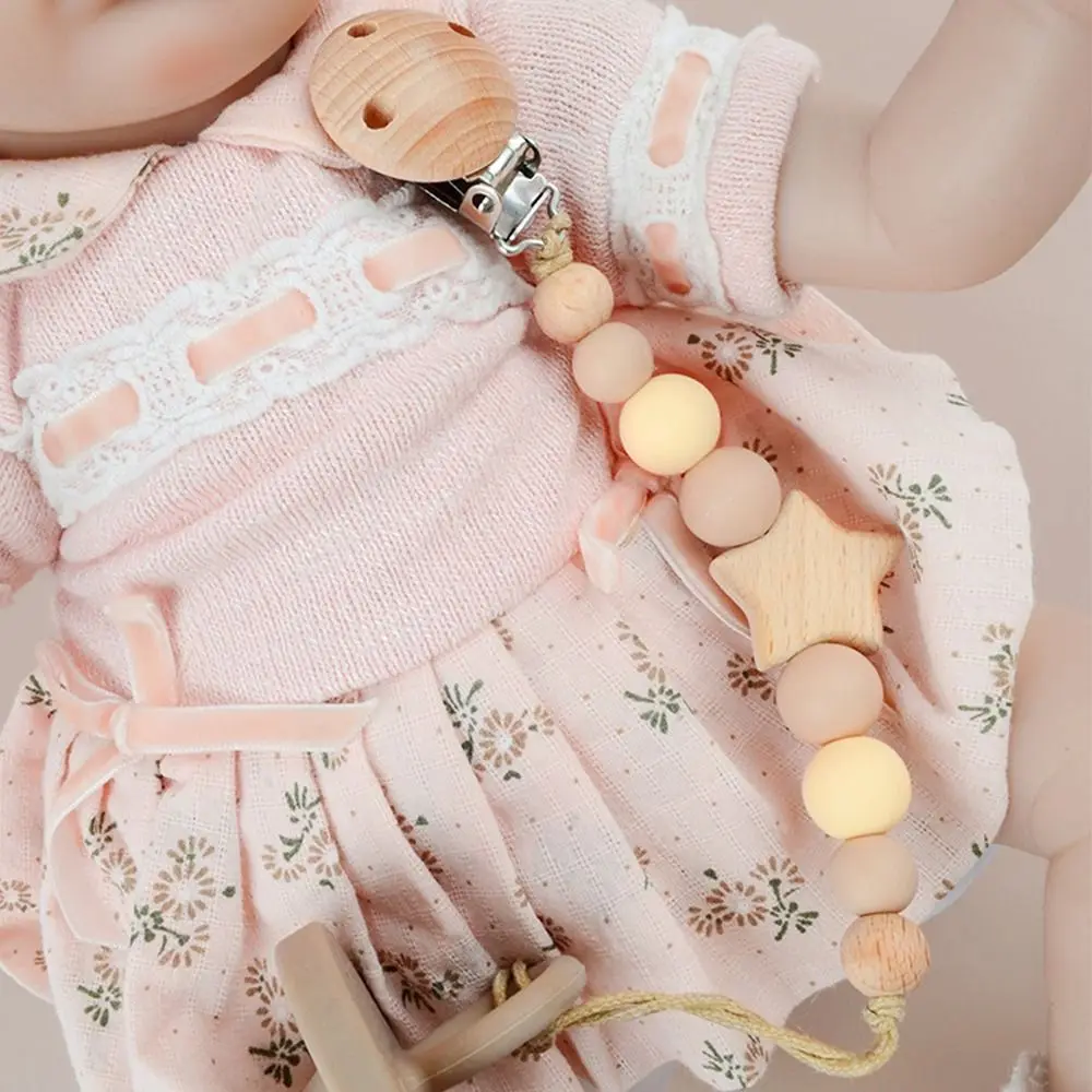 

Dummy Clips Pacifier Holder Clips Star Soother Holder Baby Pacifier Chain Wood Nipple Holder Clips Baby Teether Toys Straps