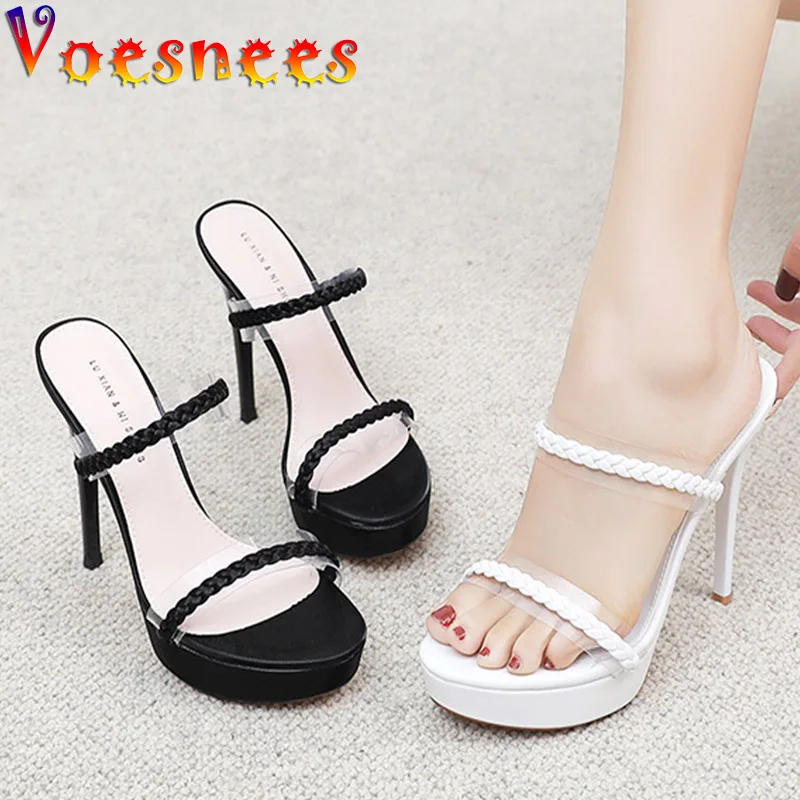 Voesnees 2022 New Weave Slippers Fashion Design Ice Velvet Thin Rope Sandals Summer Slides Transparent High Heels Shoes Women