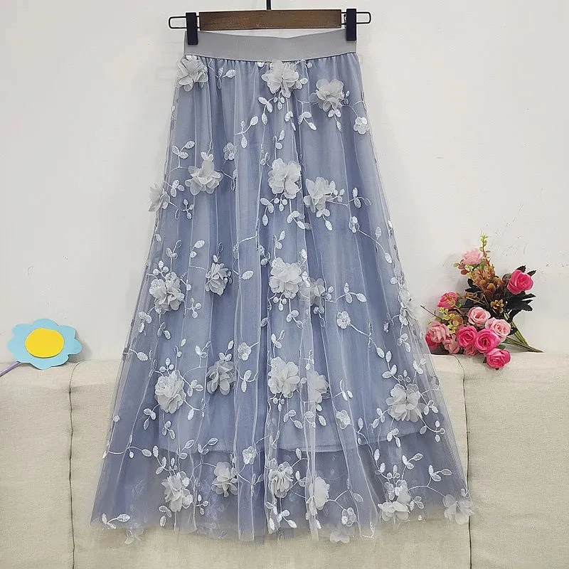 

2024 Spring Summer New Half Skirt Women High Waist Double Layer Mesh Large Size Swing Three-dimensional Embroidery Shaggy Skirts