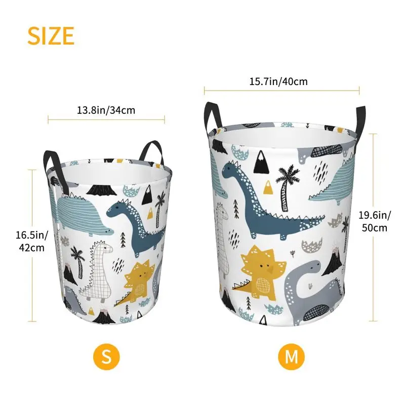 Cartoon Dinosaurs Round Laundry Basket Large Capacity Cloth Laundry Hamper Oxford Toys Storage Organizer for Home Dorm Decor