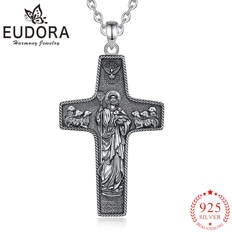 

Eudora 925 Sterling Silver Good Shepherd Cross Necklace Christian Jesus Pendant Religious Jewelry Vintage Gift for Men Women