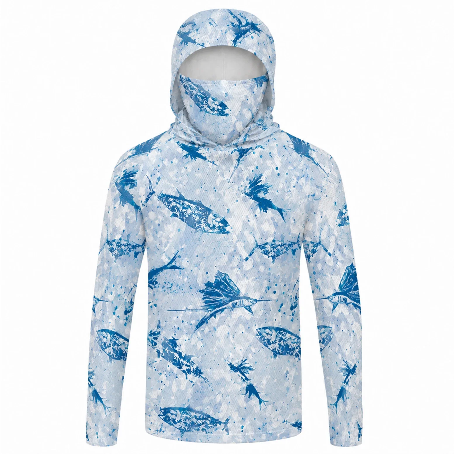Herren Sommer UPF50+ Angel-Hoodie mit Gesichtsmaske, Reed Camo Bass-Print, schnelltrocknend, atmungsaktiv, leicht, langärmeliges Angelhemd – Detail 18
