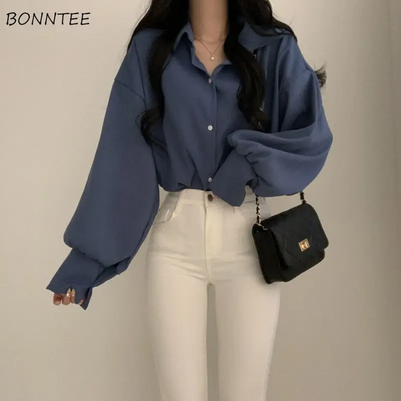 Women Shirts Lantern Sleeve Simple Trendy Loose Fit Korean Fashion Popular Classic Spring Autumn Office Lady Mujer Daily Ulzzang