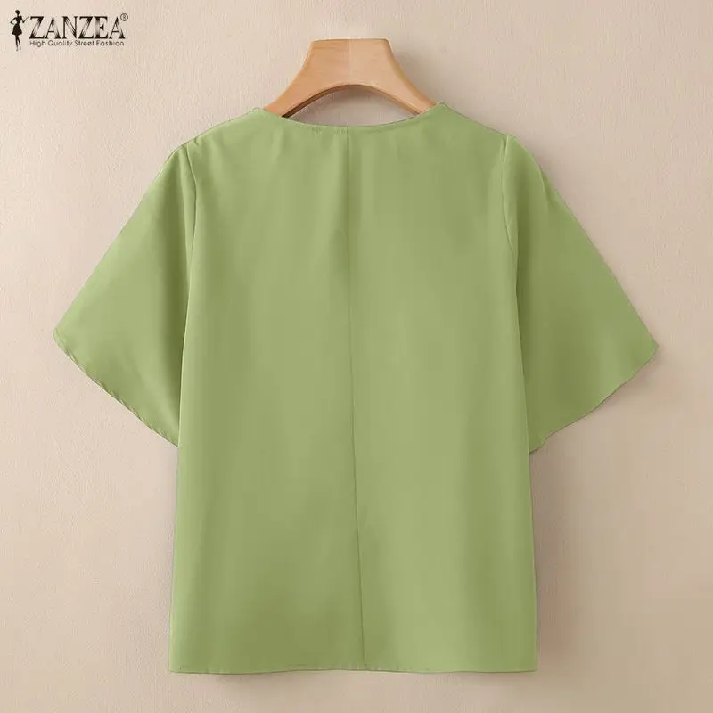 Women Summer Solid Color Blouse Office Shirt 2026 ZANZEA Casual Elegant V Neck Petal Sleeve Tops Tunic Femme Holiday Blusas