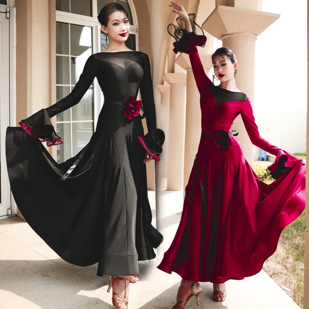 Walzer Ballsaal New Flare Sleeve weinrot Schwarz Fishbone Rock Standard Tanzrock Wettbewerb Team Tango Kleid