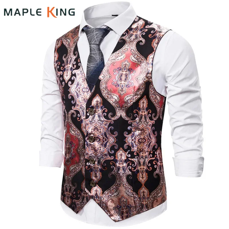 Steampunk Men Suit Waistcoat Luxury Brand Palace Style Floral Print Night Club Prom Slim Wedding Formal Vest Gilet Costume Homme