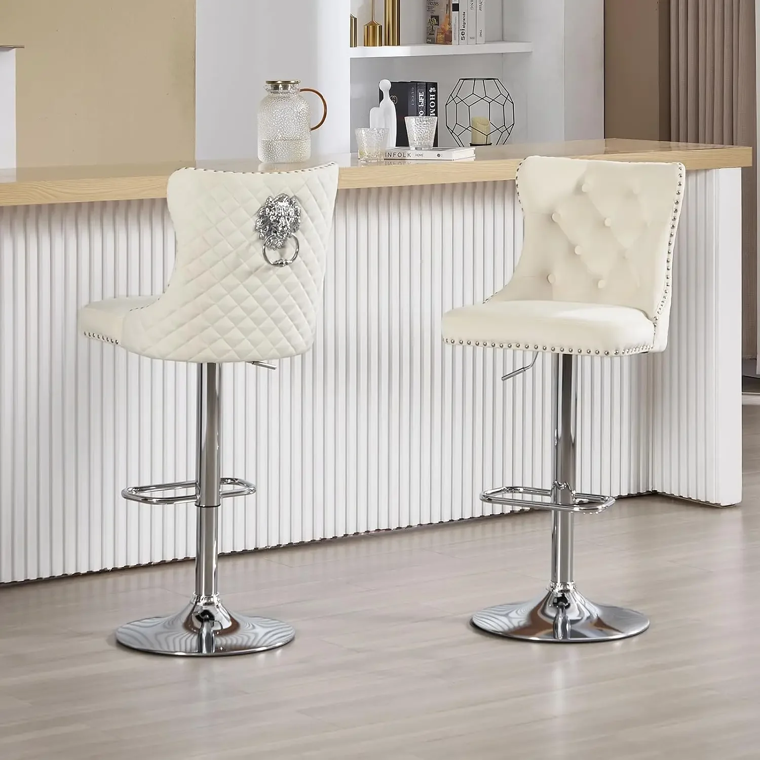 Bar Stool Set of 2 Modern Tufted Backrest with Ring Pull, Velvet Adjustable Swivel High Barstools Chrome Base Upholstered Barsto