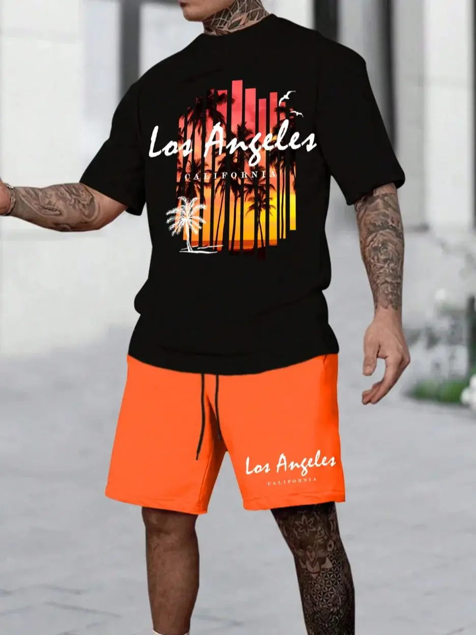 

Men's Los Angeles Sunset & Logo 2 Piece Set, Y2K Streetwear Summer Casual Tracksuit