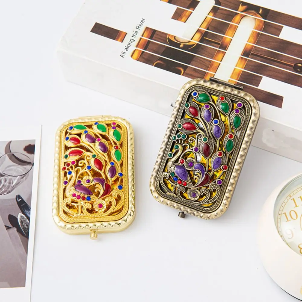 Pfau Open Screen Retro kleinen Spiegel rechteckigen Handheld doppelseitige Make-up Spiegel tragbare Vintage