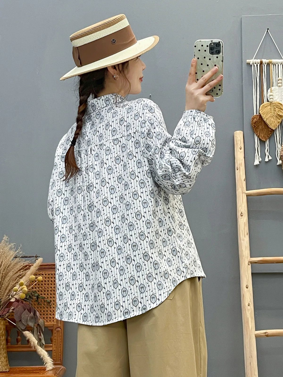 جديد 2025 الخريف قميص قطني بكم طويل نحى ، المرأة بدوره إلى أسفل طوق طباعة ، موري فتاة موضة بلوزة فضفاضة غير رسمية T58981CC #6