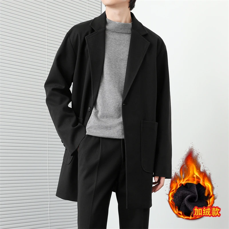 

Korean Fashion Men's Wool Blends Trench Thickened Warm Vintage Mid To Long Length Clothing Outdoor New Casual Windproof Overcoat