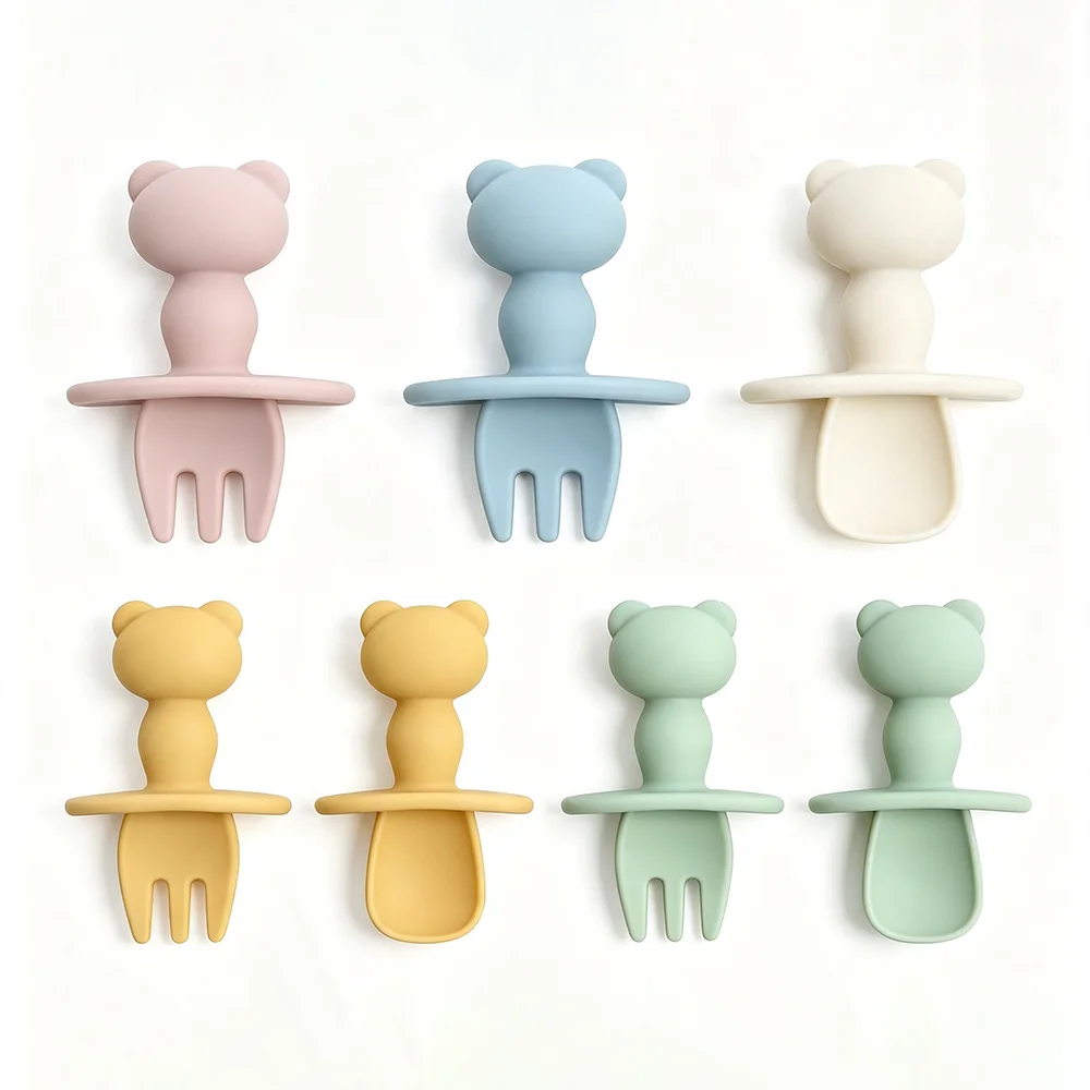 Cute Panda Bear Silicone Baby Spoon Fork Set, Baby Self Feeding Training Spoon, Infant Anti-choking Tasting Spoon, Toddler