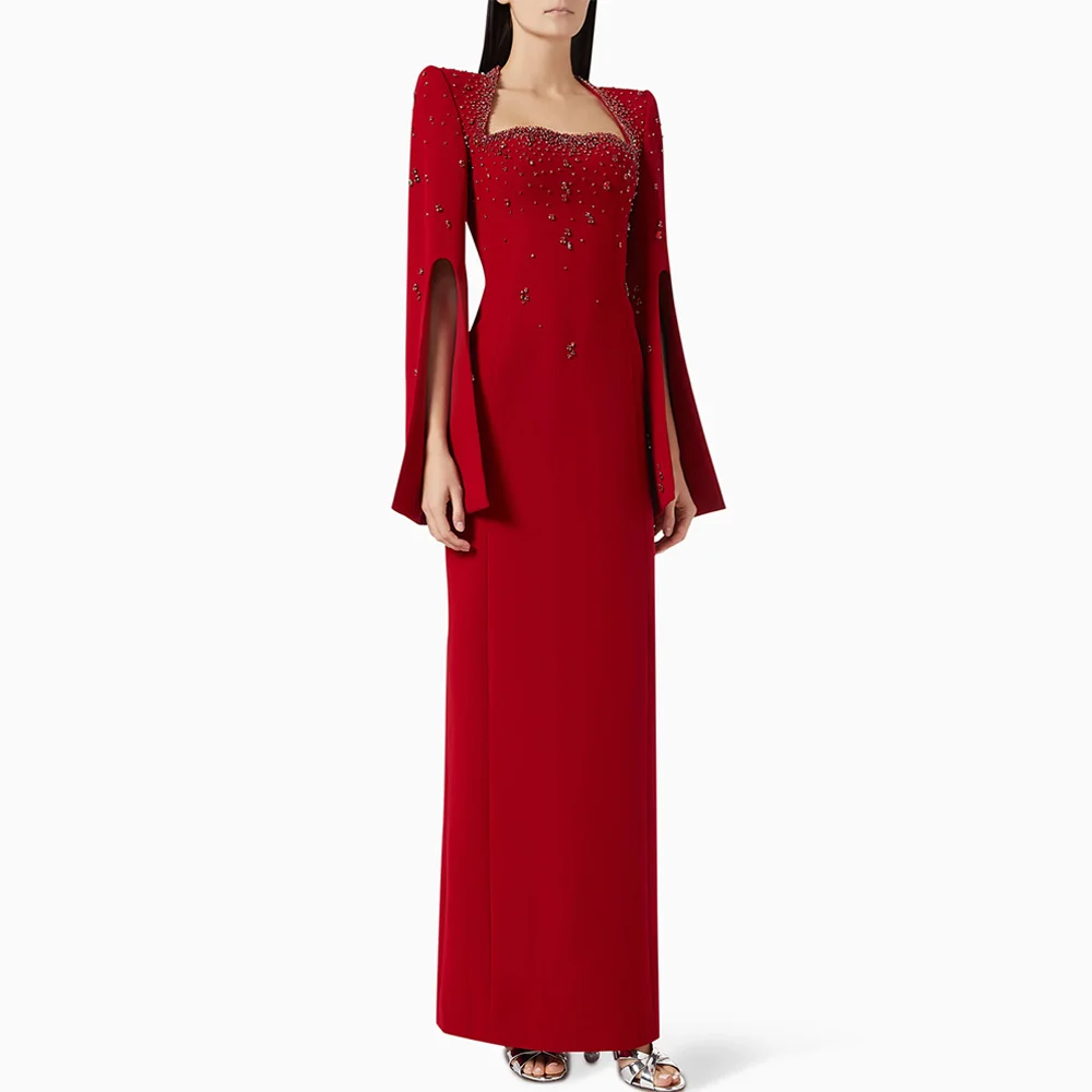 Saudi Arabic Evening Dress Customized Square Neck Full Sleeves Beading Rhinestone Arab Prom Gown Wedding Party Dresses image 5