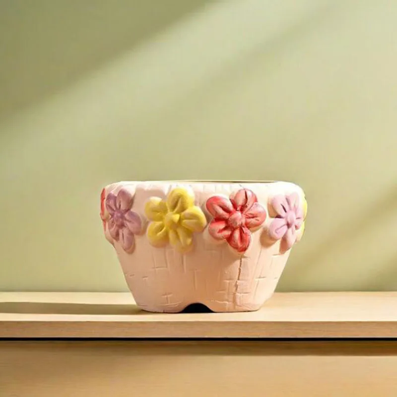 Coarse Pottery Succulent Plant Pot Creative Relief Floral Pattern Flower Pot Vase Ceramic Crafts Garden Home Decor