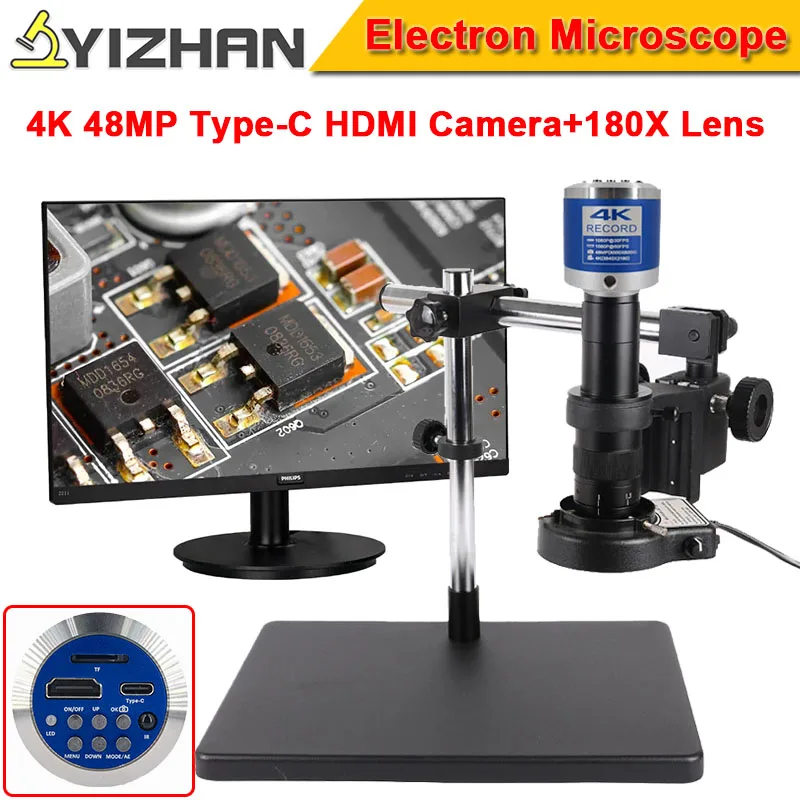 1-180X Continuous zoom C-Mount Lens HD Electron Microscope 4K 48MP Type-C HDMI Camera Takes Pictures Video Measurement Freeze