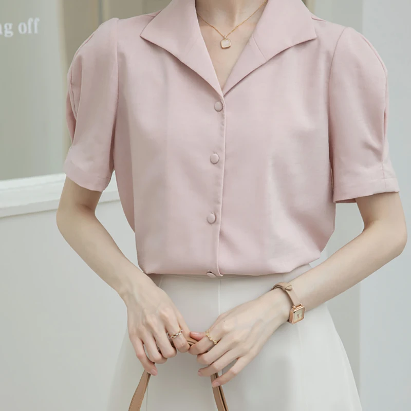 EVNISI Women Vintage Short Sleeve Summer Shirt Button Up Elegant Loose Office Blouse Polo Collar Women Casual Solid Tops 2024