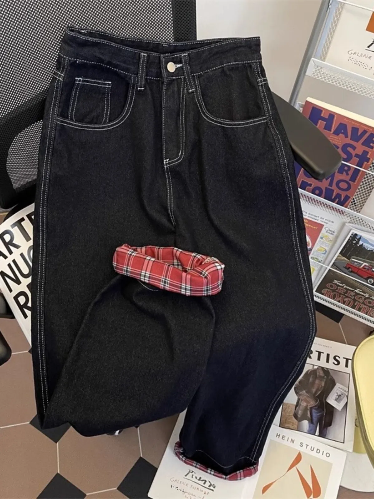 

American Plaid Splicing Men's Jeans Autumn Winter New Trendy Brand Design Cuffed Loose Straight Casual Pants Youth Faion