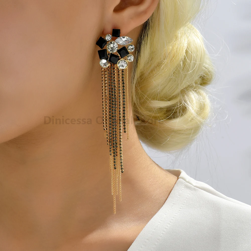 Fashion Metal Chain Inlay Colorful Rhinestone Tassel Dangle Earrings For Women Elegant Luxury Ear Accessories Irregular Jewelry