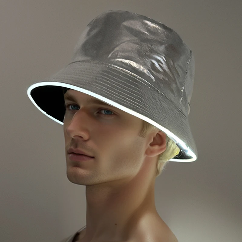 LED Light up Panama Bucket Hat Outdoor Anti-UV Sun Hats For Men Women r Fisherman Caps Silver Patent Leather Performance Props