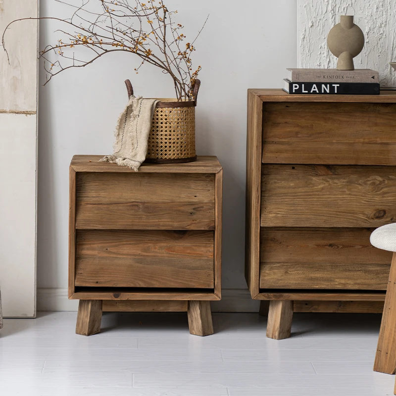 

Retro solid wood bedside table wabi sandy wind simple modern storage cabinet drawer cabinet old pine small side cabinet