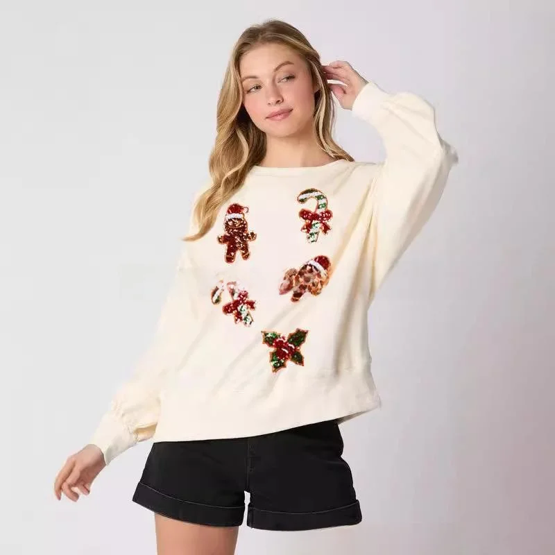 Automne hiver nouveau Sle transfrontalier femmes décontracté longue Sve Cisas pain d'épice homme paillettes Sweat petit haut pour les femmes