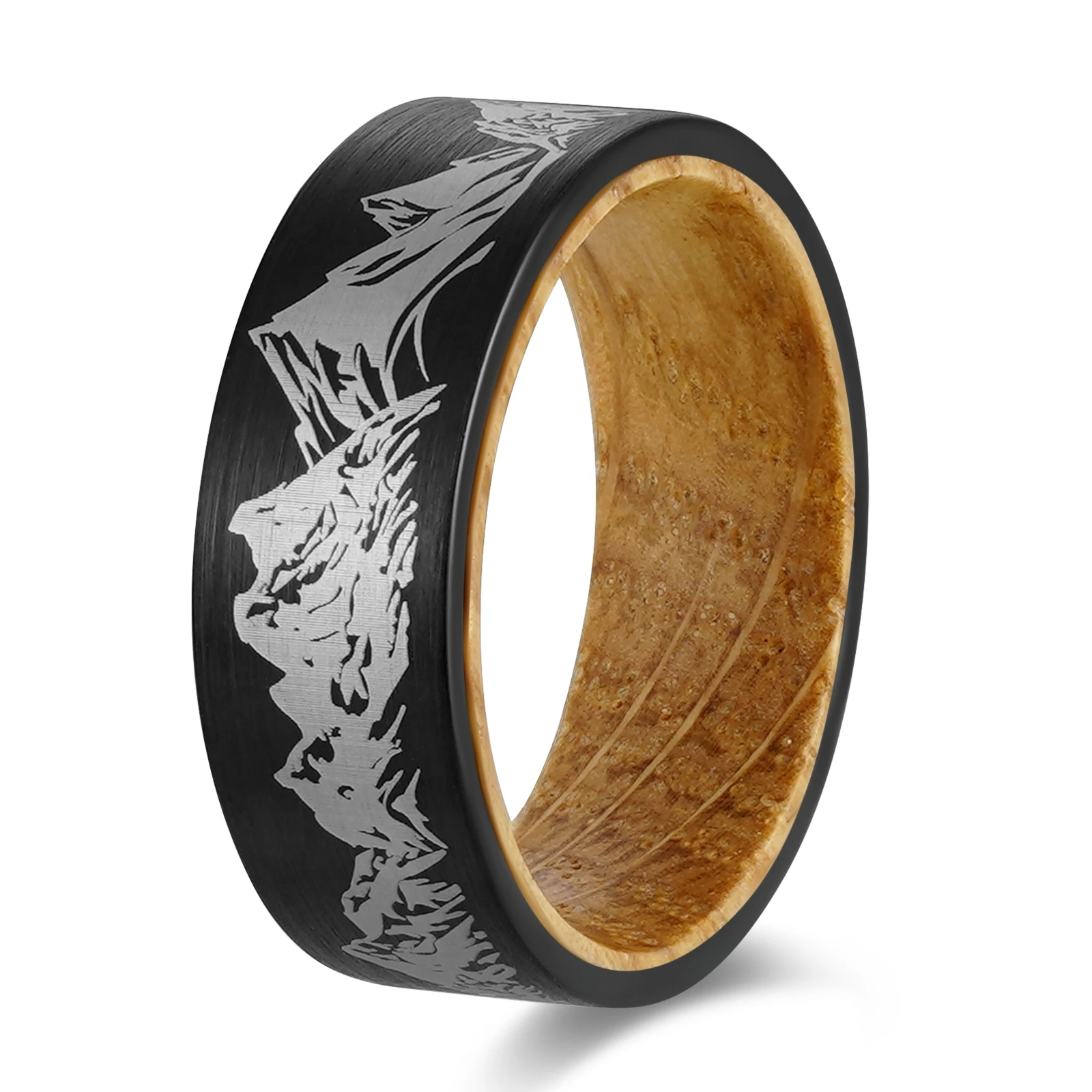 8mm Width Natural Wood Rings for Male Black Tungsten Wedding Band Laser Engrave Mountain Hiking Size 7-12 Free Shipping